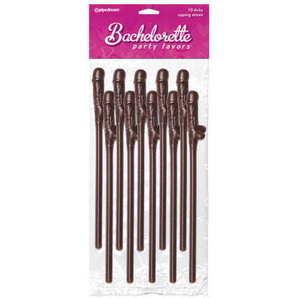 A pack of 10 chocolate-colored plastic straws with a dicky mouth piece design for bachelorette party favors, displayed against a pink background with 'Bachelorette Party Favors' text.