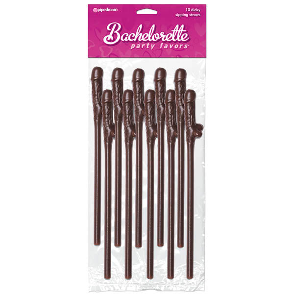 A pack of 10 chocolate-colored plastic straws with a dicky mouth piece design for bachelorette party favors, displayed against a pink background with 'Bachelorette Party Favors' text.