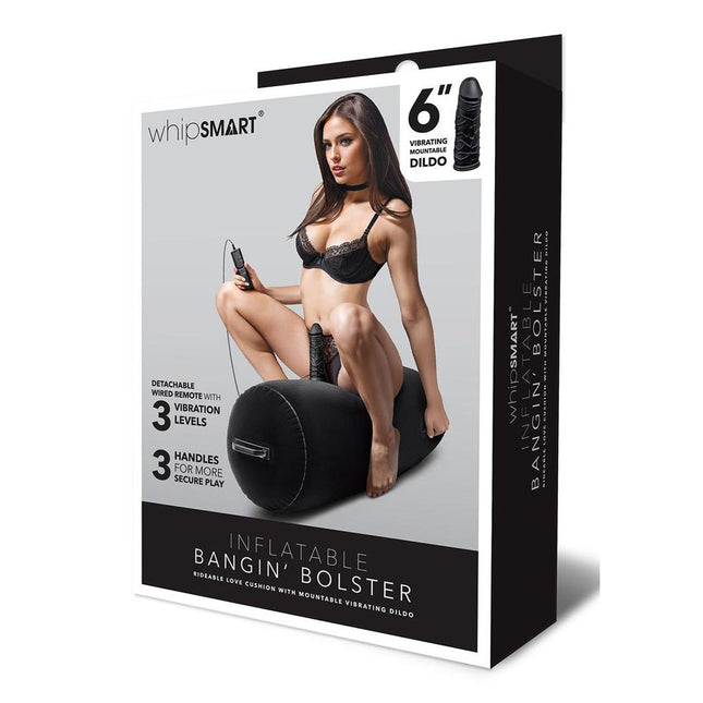 Whipsmart Inflatable Bangin Bolster Black Cushion with 6 Inch Dildo Case Front View of Girl using the toy