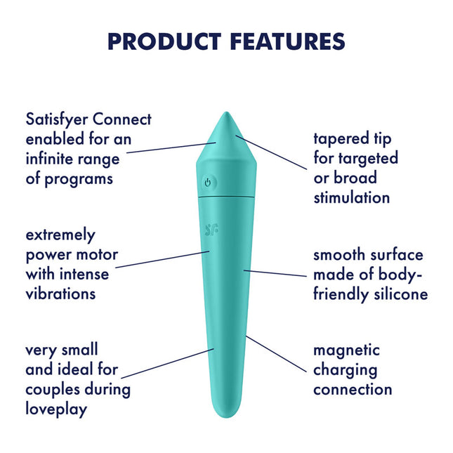 Product Features Diagram of Turquoise Satisfyer Bullet Vibrator