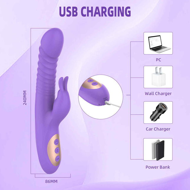 Purple Thrusting Vibrator with Rabbit Clitoral Stimulator Size Chart