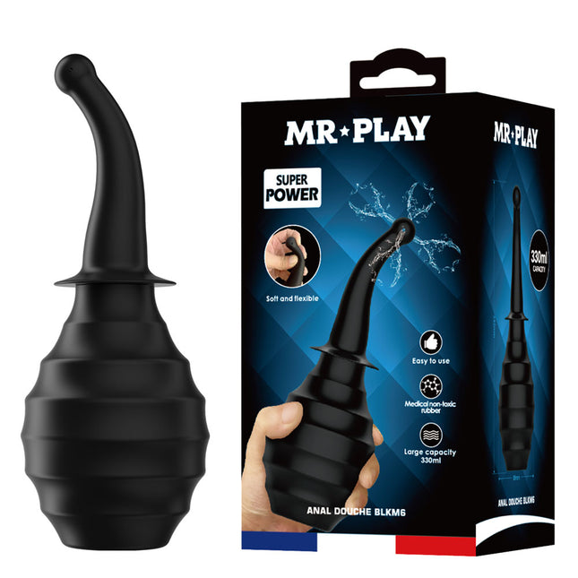 Black anal douche with packaging labeled 'MR PLAY' on a white background