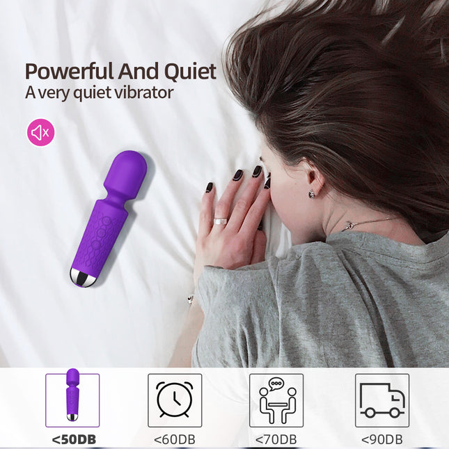 Quiet Mini Portable Wand Massager with Sex Toy next to Female on Bed