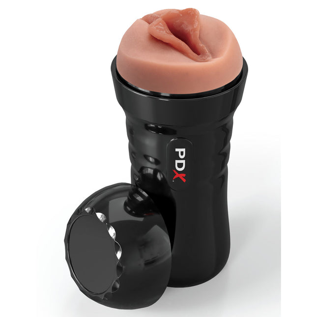 PDX Extreme Wet Pussies Brown Vagina Stroker with black lid on a white background