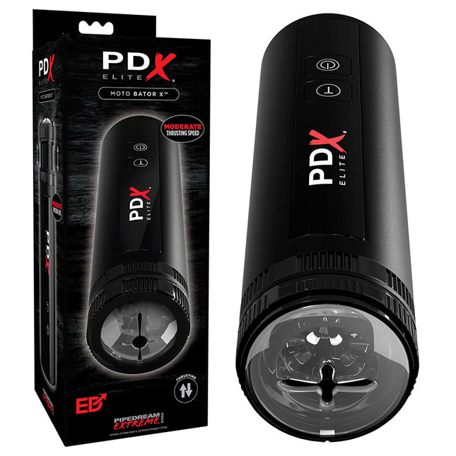 The product image shows the Pipedream Extreme Toyz Elite Moto Bator X - a black powered water stroker. The image includes the stroker itself, which is cylindrical and has a clear window showing the internal structure, as well as the product packaging in the background.