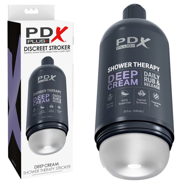 The product image shows a black shower therapy stroker designed to look like a shampoo bottle with a flip-top suction control cap and a transparent sleeve labeled 'Deep Cream'.