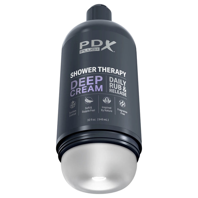 PDX Plus Shower Therapy Deep Cream Clear Discreet Stroker front view with white background