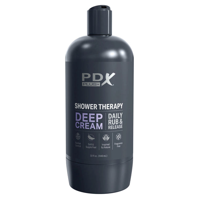 PDX Plus Shower Therapy Deep Cream Clear Discreet Stroker with white background
