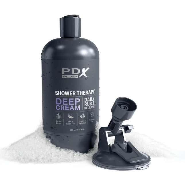 PDX Plus Shower Therapy Deep Cream Clear Discreet Stroker with suction cup