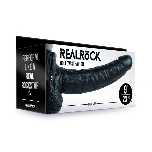 REALROCK Hollow Strapon with Balls 9 Inch Black Dildo Case Front View