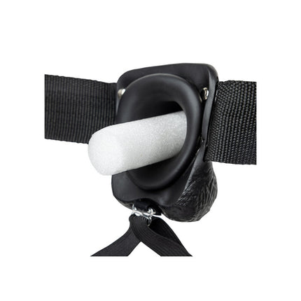 Stuffed filling rear view of REALROCK Hollow Strapon with Balls 9 Inch Black Dildo
