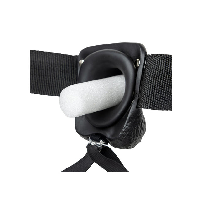 Stuffed filling rear view of REALROCK Hollow Strapon with Balls 9 Inch Black Dildo