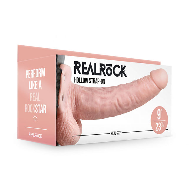 REALROCK Hollow Strapon with Balls 9 Inch Flesh Dildo Front Case View