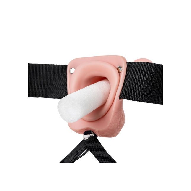Stiffed rear view of REALROCK Hollow Strapon with Balls 9 Inch Flesh Dildo