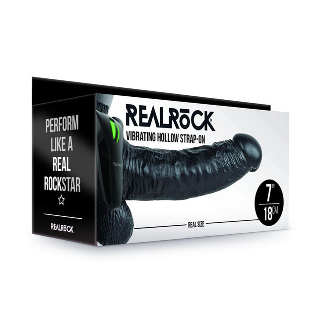 REALROCK Vibrating Hollow Strapon with Balls 7 Inch Black Dildo Case Front View
