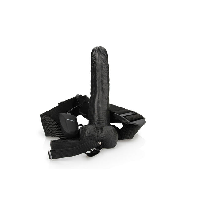 Straight Up View of REALROCK Vibrating Hollow Strapon 7 Inch Black Dildo