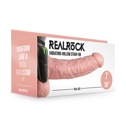 REALROCK Vibrating Hollow Strapon with Balls 7 Inch Flesh Dildo Case Front View