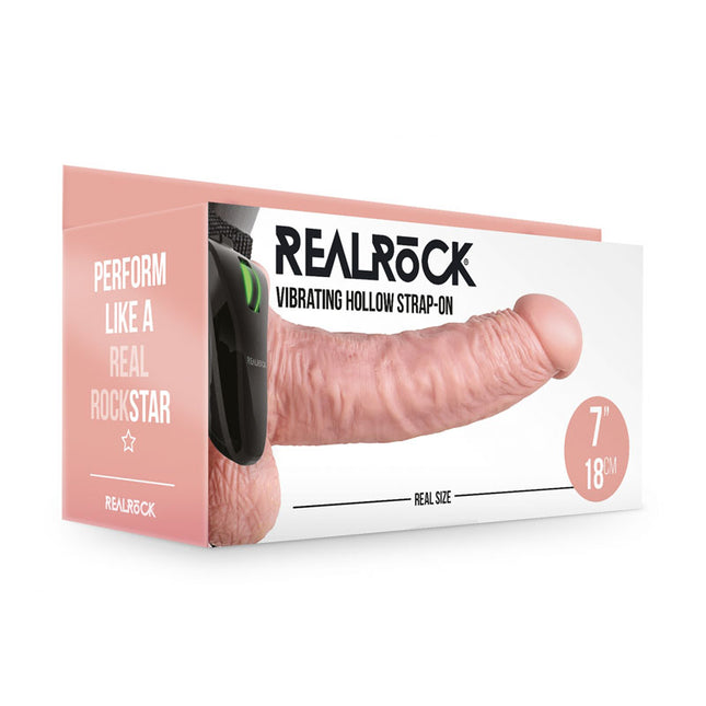 REALROCK Vibrating Hollow Strapon with Balls 7 Inch Flesh Dildo Case Front View