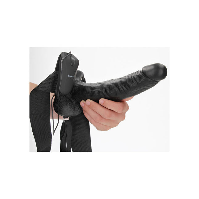 Hand Holding REALROCK Vibrating Hollow Strapon with Balls 9 Inch Black Dildo