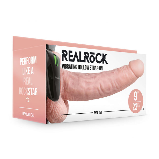 REALROCK Vibrating Hollow Strapon with Balls 9 Inch 23cm Flesh Dildo Case Front View