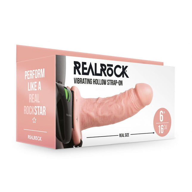 REALROCK Vibrating Hollow Strapon 6 Inch Flesh Dildo Case Front View