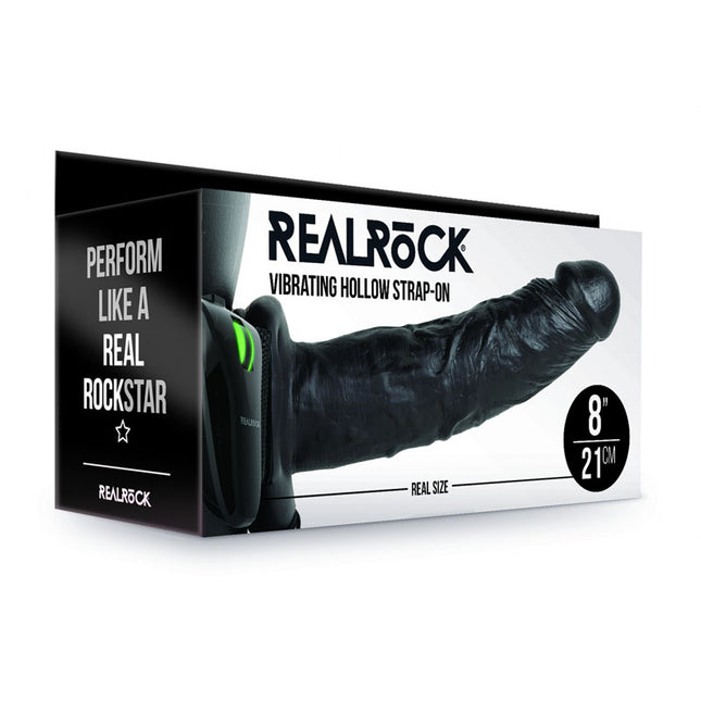 REALROCK Vibrating Hollow Strapon 8 Inch Black Dildo Case Front View