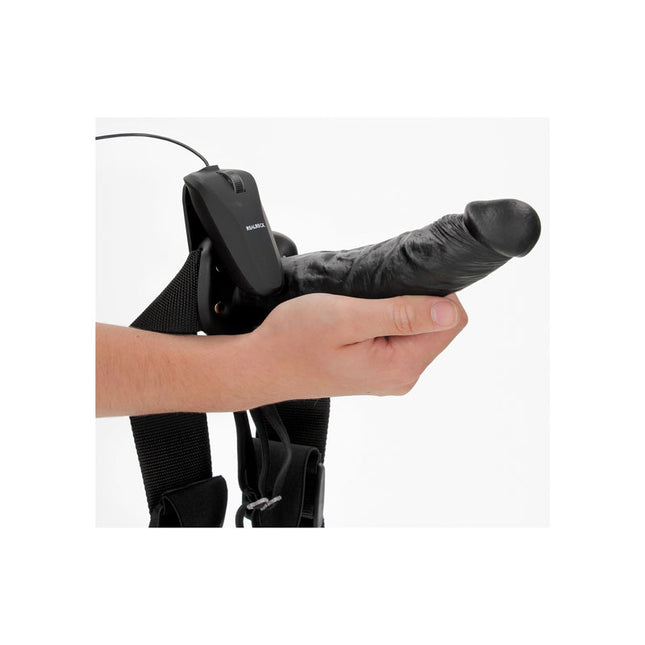 Hand Holding REALROCK Vibrating Hollow Strapon 8 Inch Black Dildo
