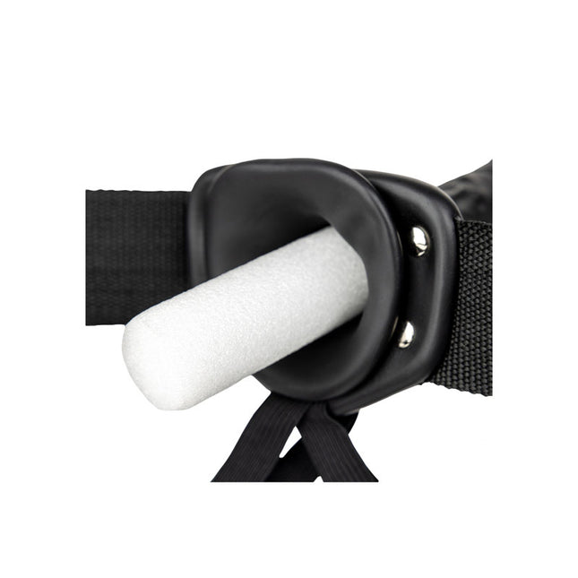 Rear Filled View of REALROCK Vibrating Hollow Strapon 8 Inch Black Dildo