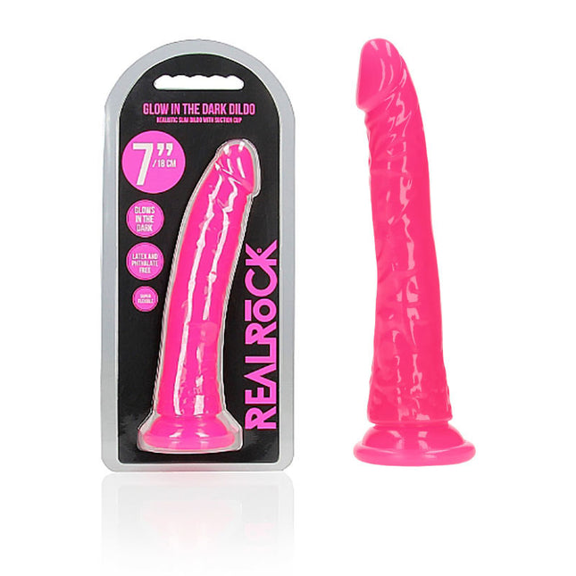REALROCK 7 Inch Slim Glow in the Dark Neon Pink Dildo with Case