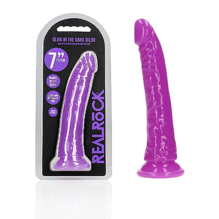 REALROCK 7 Inch Slim Glow in the Dark Neon Purple Dildo with Case Front View