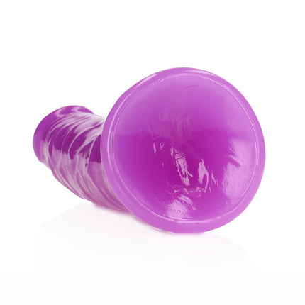 Bottom View of REALROCK 7 Inch Slim Glow in the Dark Neon Purple Dildo