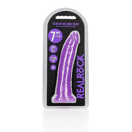 Front Case View of REALROCK 7 Inch Slim Glow in the Dark Neon Purple Dildo