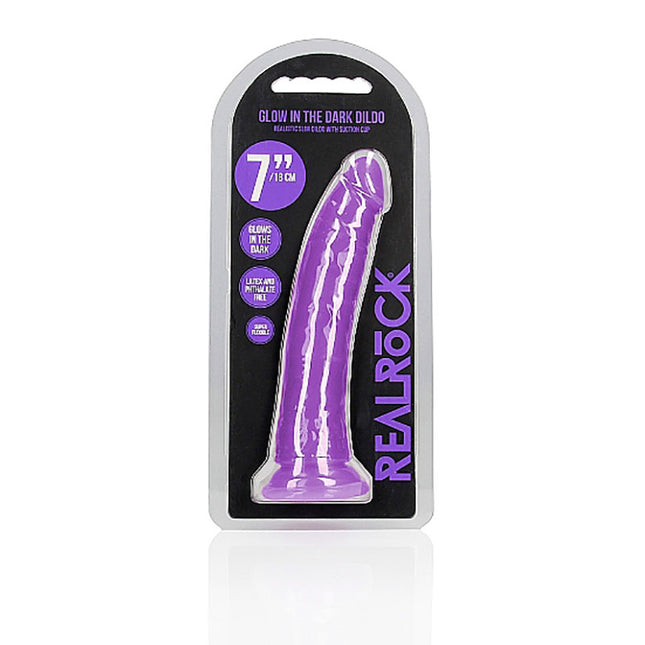 Front Case View of REALROCK 7 Inch Slim Glow in the Dark Neon Purple Dildo