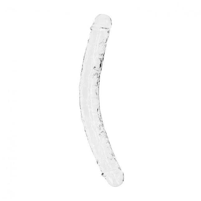 A clear, curved Realrock dildo 14 inch with realistic detailing, standing upright on a plain background.