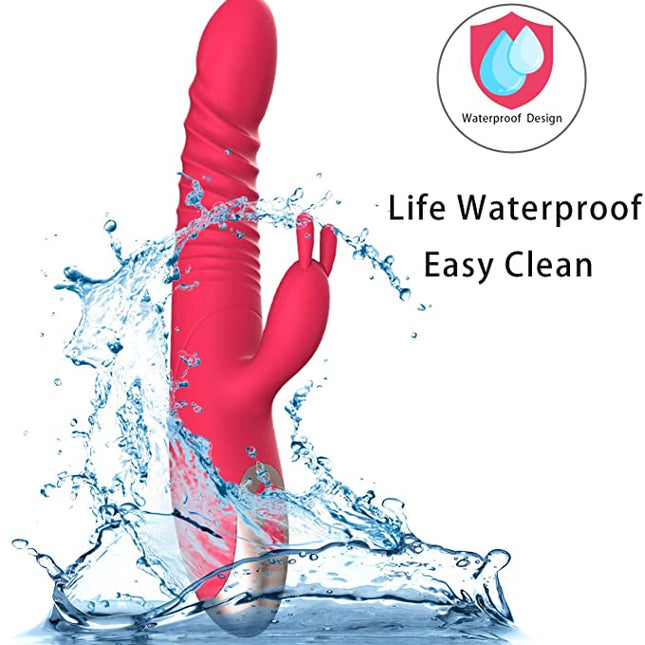 Red Ribbed 9 Inch Heating Rabbit Vibrator Showing Waterproof Design