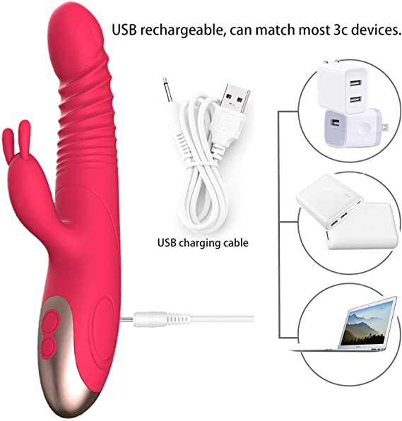 Red Ribbed 9 Inch Heating Rabbit Vibrator USB Charging Diagram
