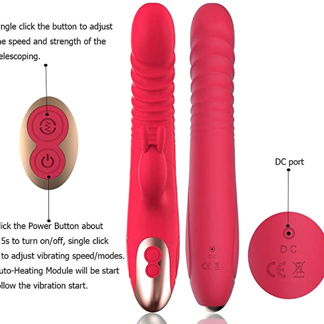 Red Ribbed 9 Inch Heating Rabbit Vibrator with remote control diagram