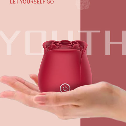 Red Strong Suction Rose Toy Vibrator with Hand Holding the Sex Toy
