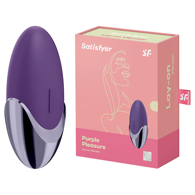 The product image shows the Satisfyer Purple Pleasure vibrator in purple color, along with its packaging. The vibrator has a sleek, rounded design with a pinpoint stimulator and a smooth silicone surface.