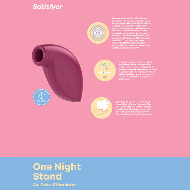 A purple, touch-free disposable clitoral stimulator with an air pulse stimulator nozzle, from the brand Satisfyer.