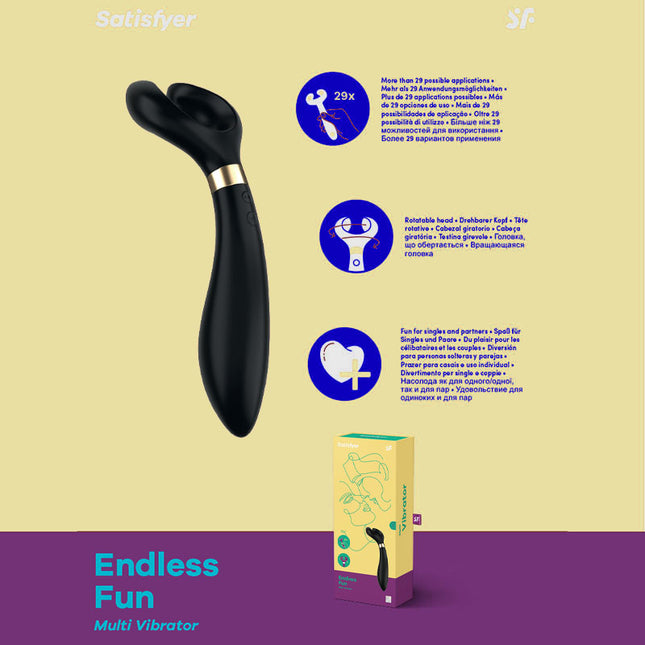 A black, sleek vibrator with a curved design, shown alongside its packaging which highlights its USB rechargeable feature and endless fun functionality.
