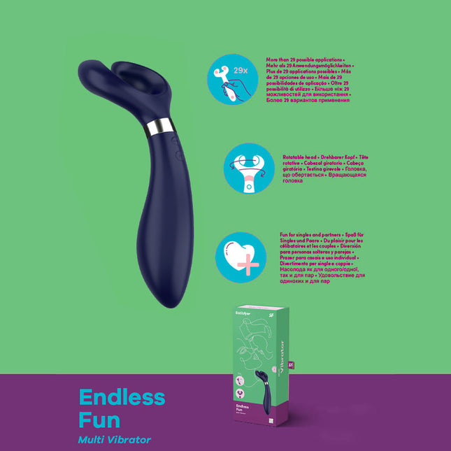 A navy blue satisfyer Endless Fun multi-vibrator with a sleek design. It is shown alongside its packaging, highlighting its USB rechargeable feature and 180-degree rotatable silicone head.
