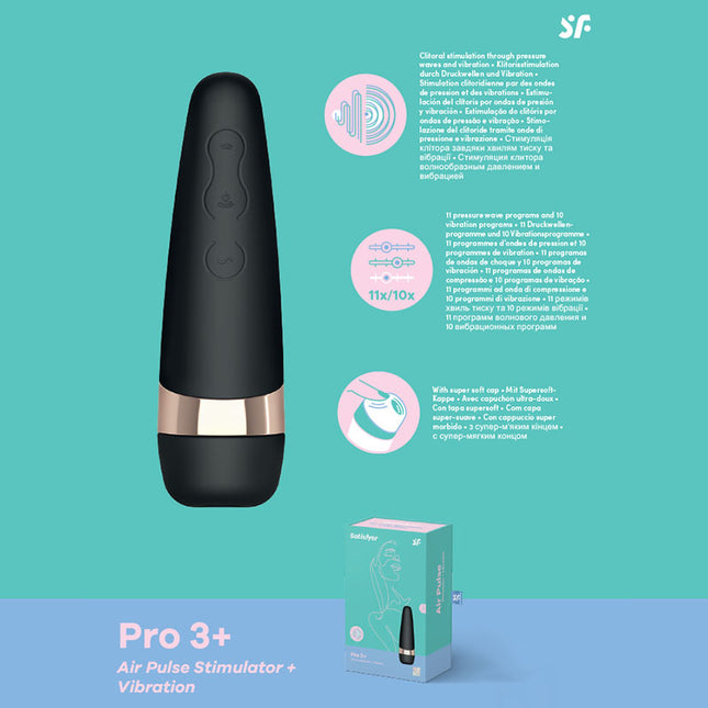 A black Satisfyer Pro 3+ clitoral stimulator with a sleek design and a silver band near the base. The product is shown alongside its magnetic USB charging cable and packaging.