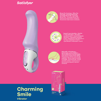 The image shows the Satisfyer Vibes Charming Smile vibrator in a lilac color with a sleek and compact design. It includes an illustration of the product's packaging box.