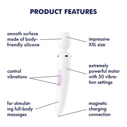 Product Features Diagram of Satisfyer Wand-er Woman White Massager Wand