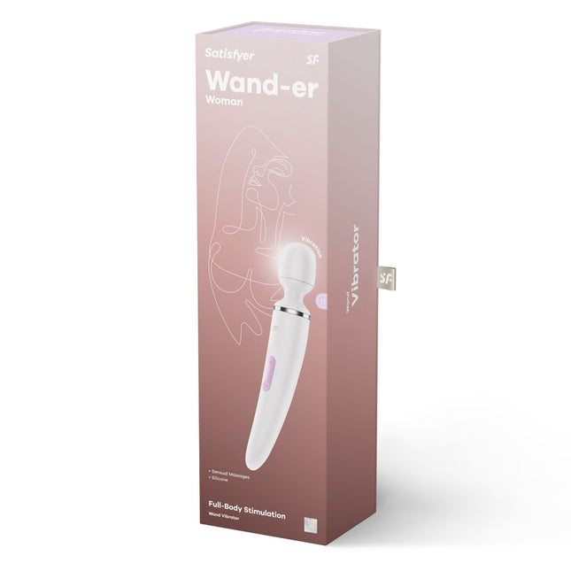 Satisfyer Wand-er Woman White Massager Wand Case Front View with Full Body Stimulation