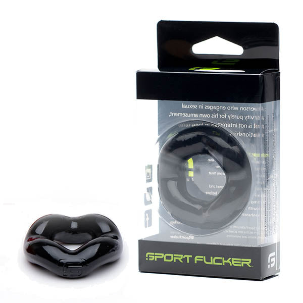 A black cock ring is displayed, with the product packaged in a clear plastic case labeled 'SPORT FUCKER'.