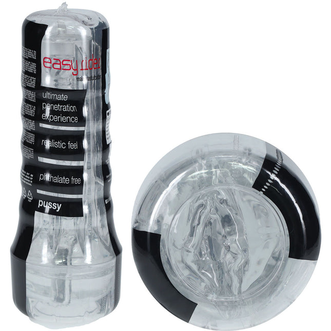 The image shows an easy rider clear vaginal stroker with black detailing. The product is clear, allowing visibility of its internal structure.