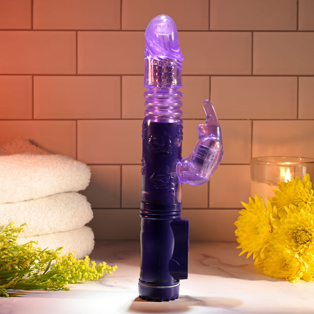 Selopa BUNNY THRUSTER Purple Thrusting Rabbit Vibrator Side View with Towel in background