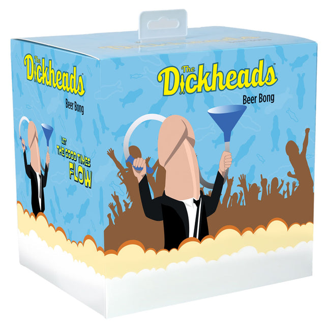 This image displays the packaging for "The Dickheads - Beer Bong," a novelty drinking game. The box features a cartoon-style graphic of a man holding a blue beer bong, with an animated audience in the background, heightening the playful and competitive atmosphere.